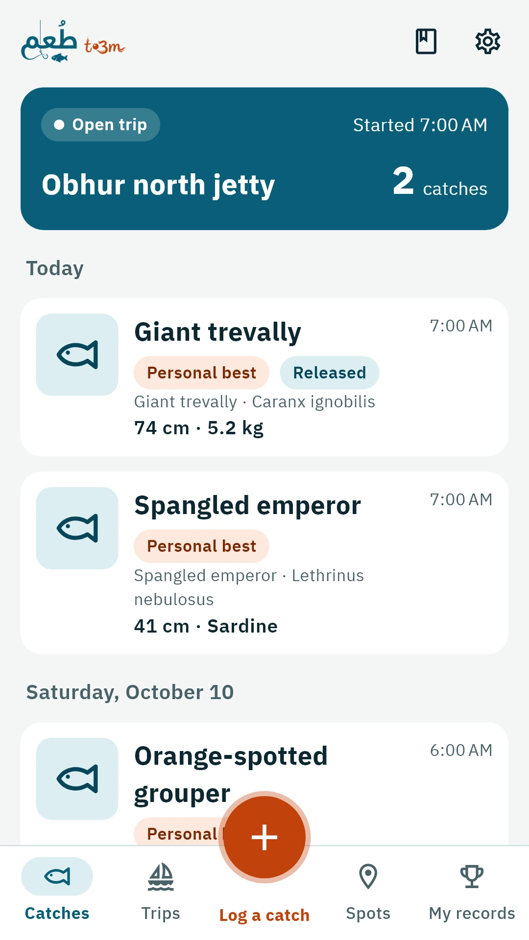 Catches screen: an open trip and today's catches